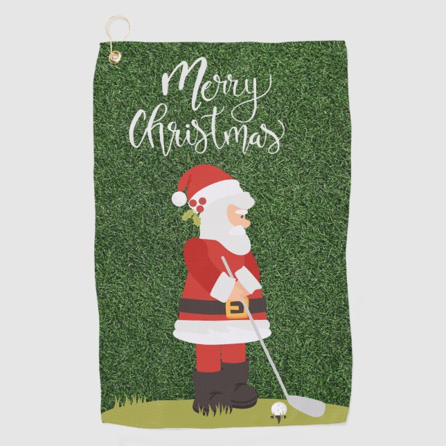 Golf Santa Claus golfer on green grass Christmas  Golf Towel (Front)