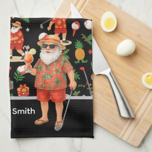 Golf Santa Claus golfing Summer Hawaiian themed Tea Towel