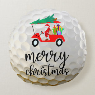 Golf Santa Claus ride red cart Christmas Tree Round Cushion