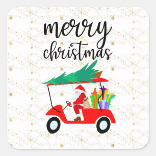 Golf Santa Claus ride red cart Christmas Tree   Square Sticker