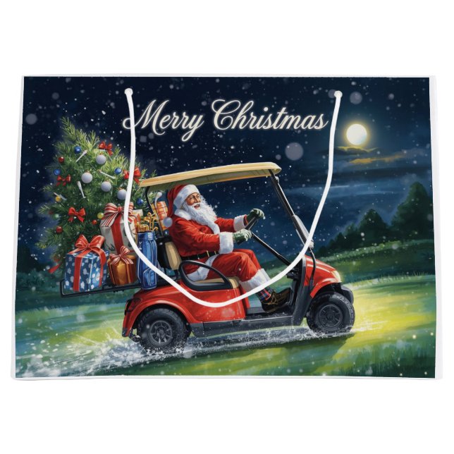 Golf Santa Claus Riding Red Cart Christmas Holiday Large Gift Bag (Front)