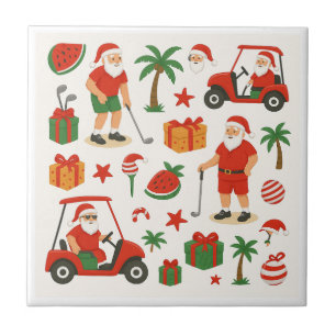 Golf Santa Golfing for Christmas Summer July Ceramic Tile