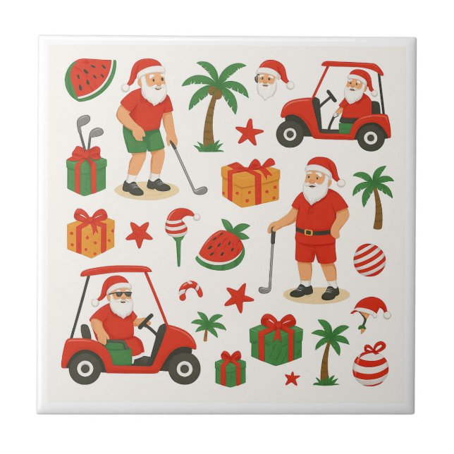 Golf Santa Golfing for Christmas Summer July  Ceramic Tile (Front)