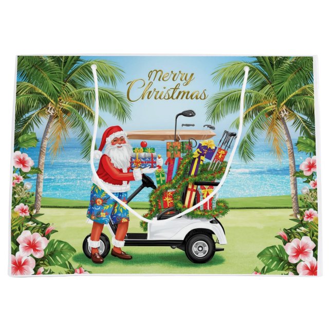 Golf Santa Golfing Tropical Christmas Celebration  Large Gift Bag (Front)