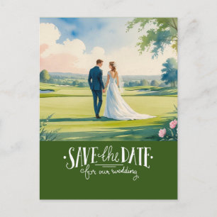 Golf save the date for wedding bride groom  postcard