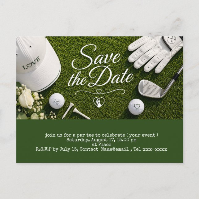 Golf save the date for wedding postcard (Front)
