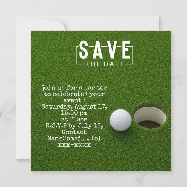 Golf save the date  golf ball putting hole in one (Front)