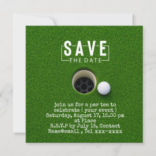 Golf save the date golf ball putting hole in one