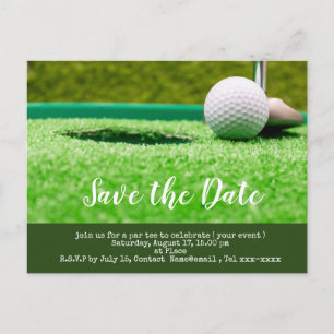 Golf save the date golf ball putting hole in one postcard