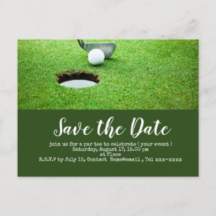 Golf save the date golf ball putting hole in one postcard
