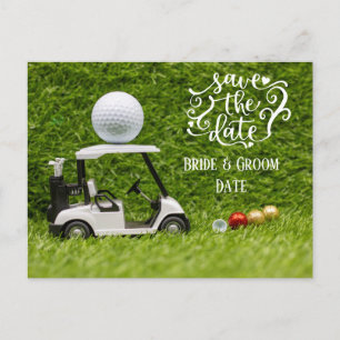 Golf Save the Date  golf cart and ball on green Postcard