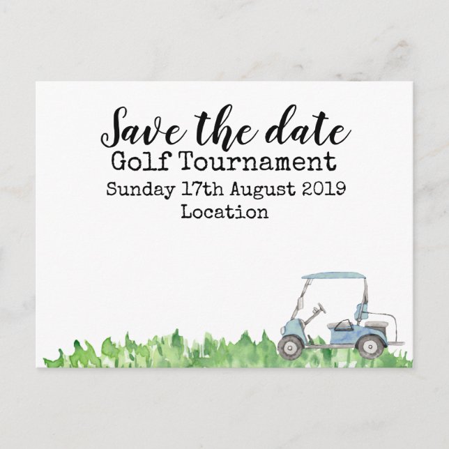 Golf Save the date Golf Tournament with golf cart Announcement Postcard (Front)