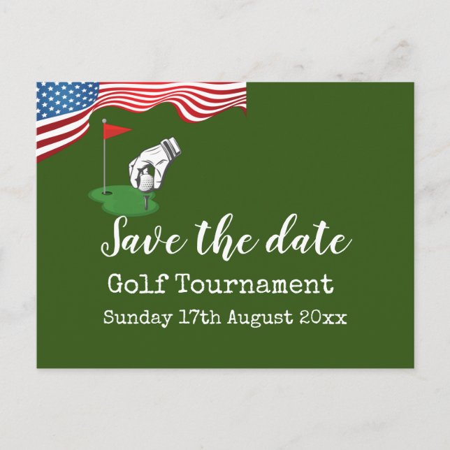 Golf Save the date Golf Tournament with U.S.A.flag Announcement Postcard (Front)