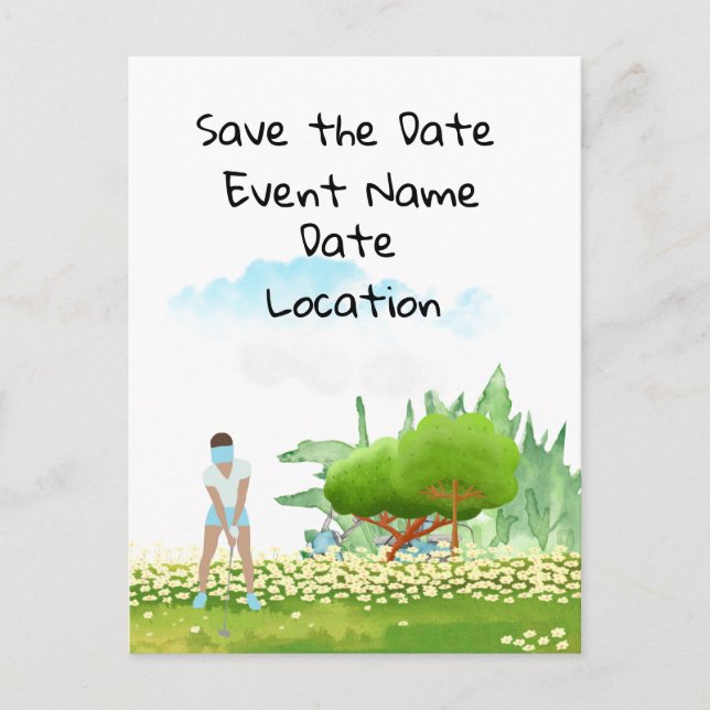 Golf Save the Date party for woman golfer party Invitation Postcard (Front)