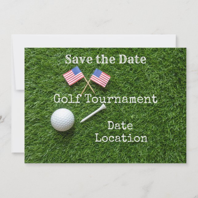 Golf Save the date with flag of America and ball Invitation (Front)