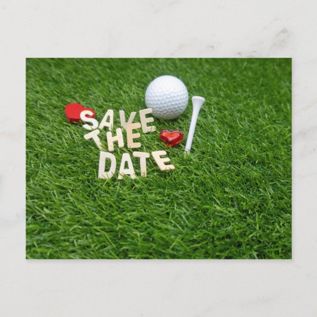 Golf save the Date with golf and tee on green Invitation Postcard (Front)