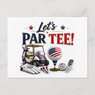 Golf Save the Date with golf ball & American flag  Postcard