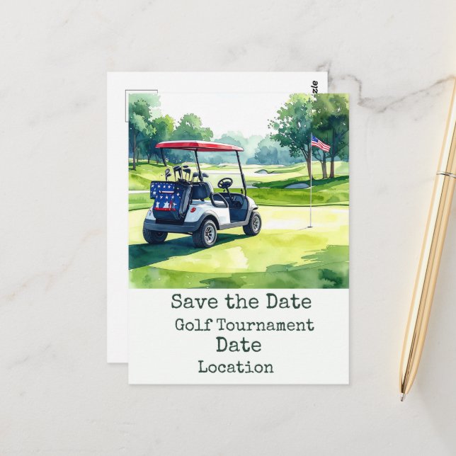 Golf Save the Date with golf ball & American flag Postcard (Front/Back In Situ)
