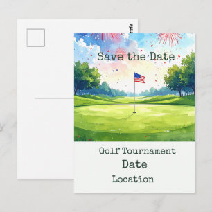 Golf Save the Date with golf ball & American flag Postcard