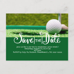 Golf save the date with golf ball and club postcard