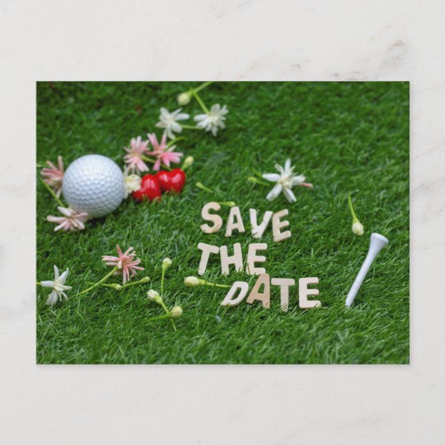 Golf Save the date with golf ball and flowers Postcard (Front)
