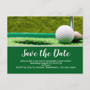 Golf save the date with golf ball and putter postcard