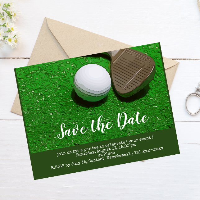 Golf save the date with golf ball and sand wedge postcard (Creator Uploaded)