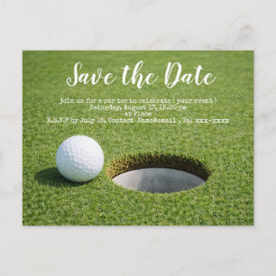 Golf save the date with golf ball and sand wedge postcard