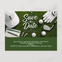 Golf save the date with golf ball and sand wedge