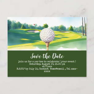 Golf save the date with golf ball on green grass postcard