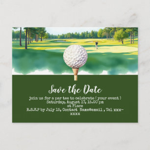 Golf save the date with golf ball  on green grass postcard