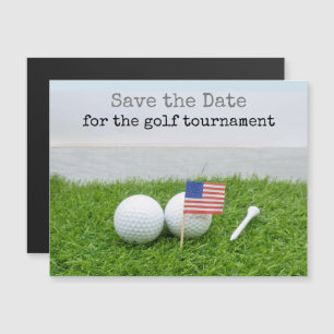 Golf save the date with U.S.A. flag and golf balls