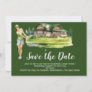 Golf save the date with woman golfer invitation