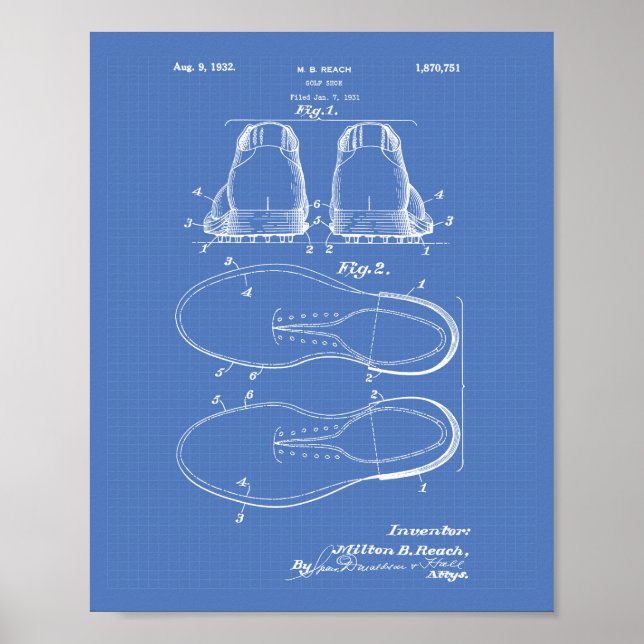 Golf Shoe 1932 Patent Art - Blueprint Poster (Front)
