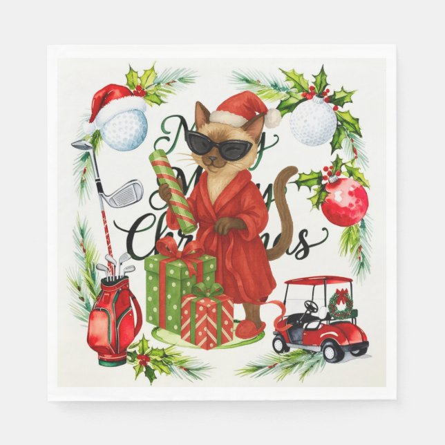 Golf Siamese Cat Christmas Themed for Golfer Napkin (Front)