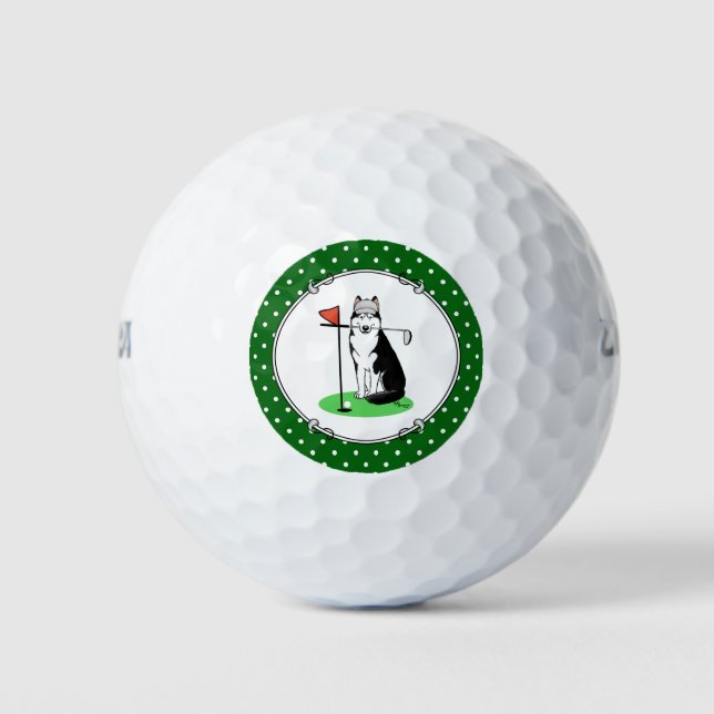 Golf Siberian Husky (black) Dog Playing Cute Funny Balls (Front)