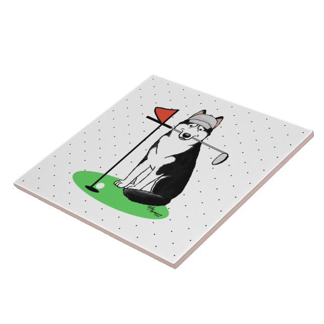 Golf Siberian Husky (black) Dog Playing Cute Funny Ceramic Tile (Side)