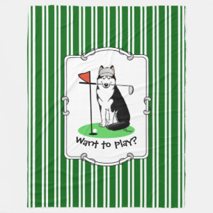 Golf Siberian Husky (black) Dog Playing Cute Funny Fleece Blanket
