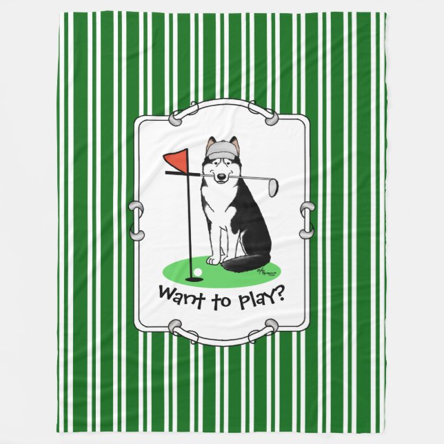 Golf Siberian Husky (black) Dog Playing Cute Funny Fleece Blanket (Front)