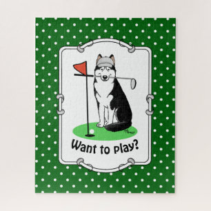 Golf Siberian Husky (black) Dog Playing Cute Funny Jigsaw Puzzle