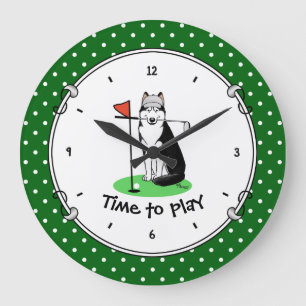 Golf Siberian Husky (black) Dog Playing Cute Funny Large Clock