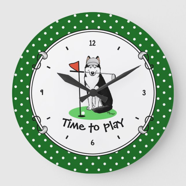 Golf Siberian Husky (black) Dog Playing Cute Funny Large Clock (Front)