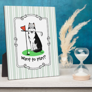 Golf Siberian Husky (black) Dog Playing Cute Funny Plaque