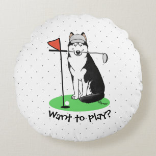 Golf Siberian Husky (black) Dog Playing Cute Funny Round Cushion