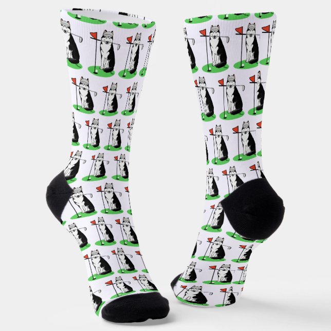 Golf Siberian Husky (black) Dog Playing Cute Funny Socks (Angled)