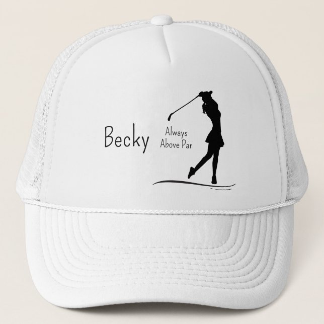 Golf Silhouette, Female, Name, Text Trucker Hat (Front)