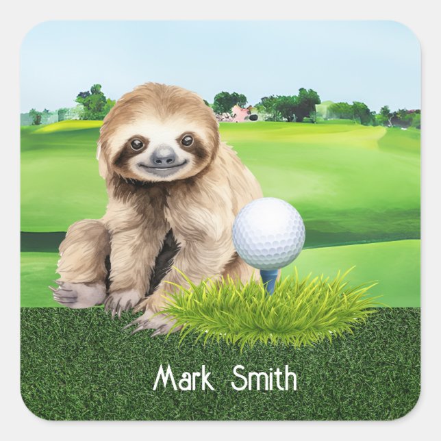 Golf Sloth Golfer at green grass Square Sticker (Front)