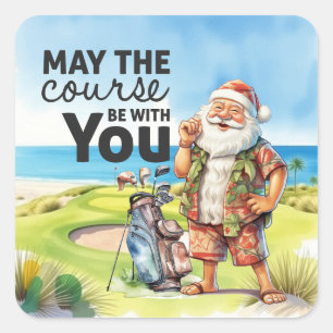 Golf Summer  Christmas with Santa Claus at flag   Square Sticker
