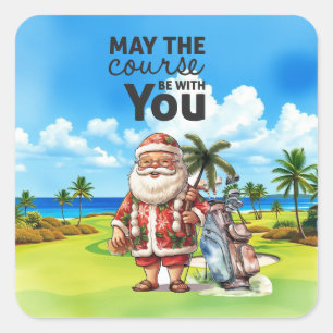 Golf Summer Christmas with Santa Claus at flag Square Sticker