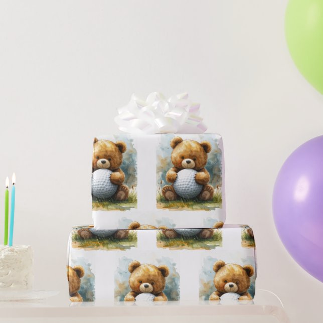 Golf Teddy bear holding golf ball  Wrapping Paper (Party Gifts)